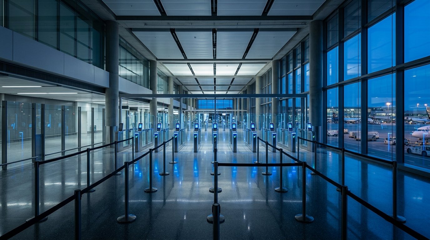 Automated border control gates illustrating the ETIAS launch date delay and EES rollout
