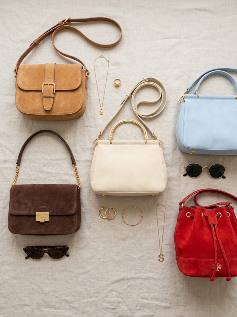 Suede Bag Outfit Ideas 2026: How to Style It 4 Five suede bags arranged neatly 202607071530