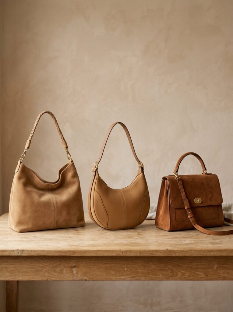 Suede Bag Outfit Ideas 2026: How to Style It 5 Three suede bag silhouettes side… 202607071530