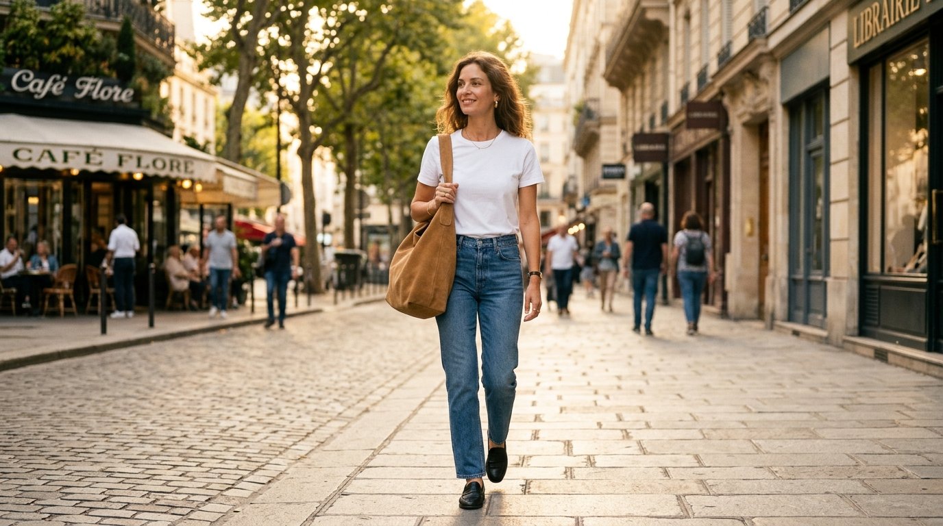 Suede bag outfit ideas 2026 — tan slouchy suede bag with jeans and a white tee