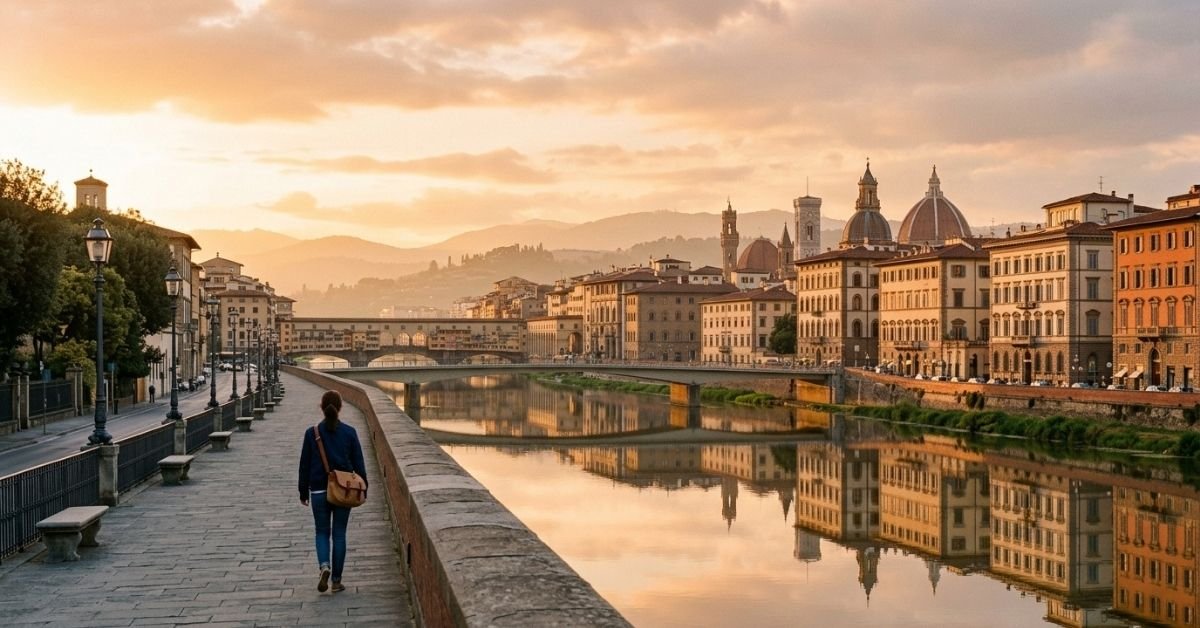 Newly arrived worker walking a European city riverside after a Portugal work visa 2026 approval