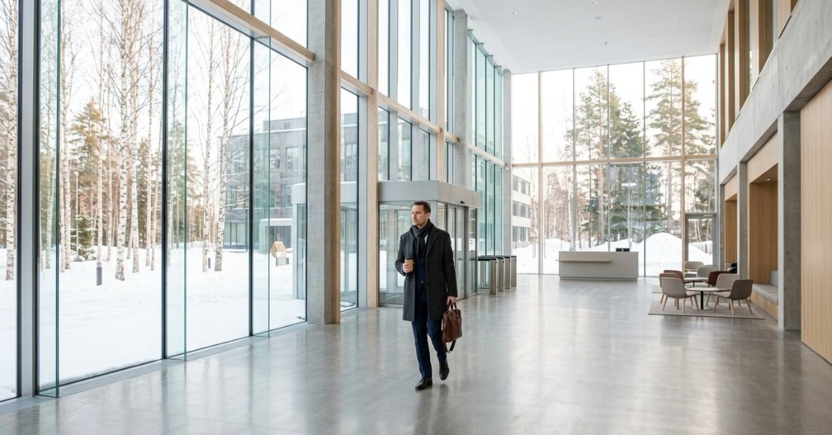 Professional crossing a Nordic office lobby, illustrating Finland work permit jobs 2026
