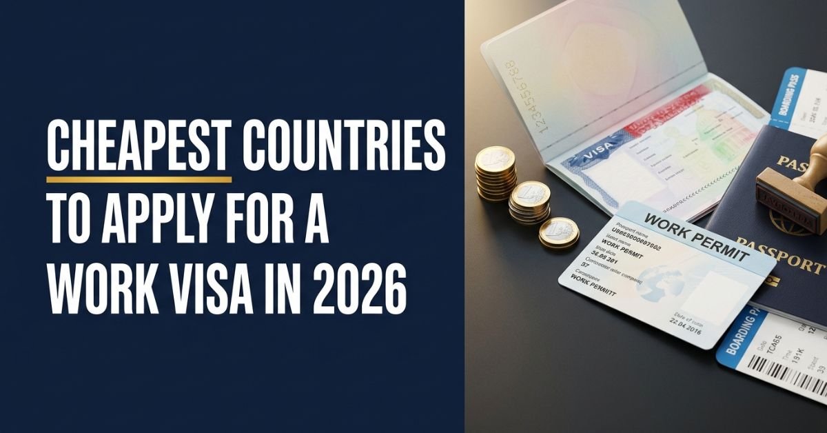 Passports and shrinking coin stacks representing the cheapest countries to apply for a work visa