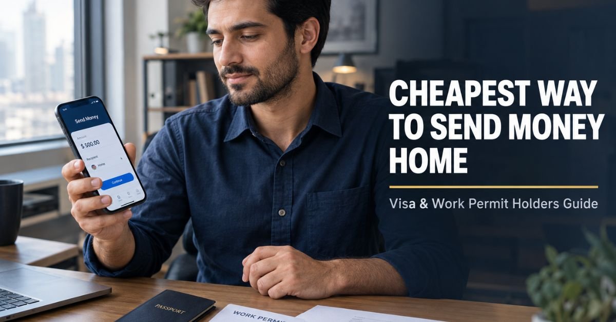 Passport, work permit and phone showing the cheapest way of sending money home from abroad