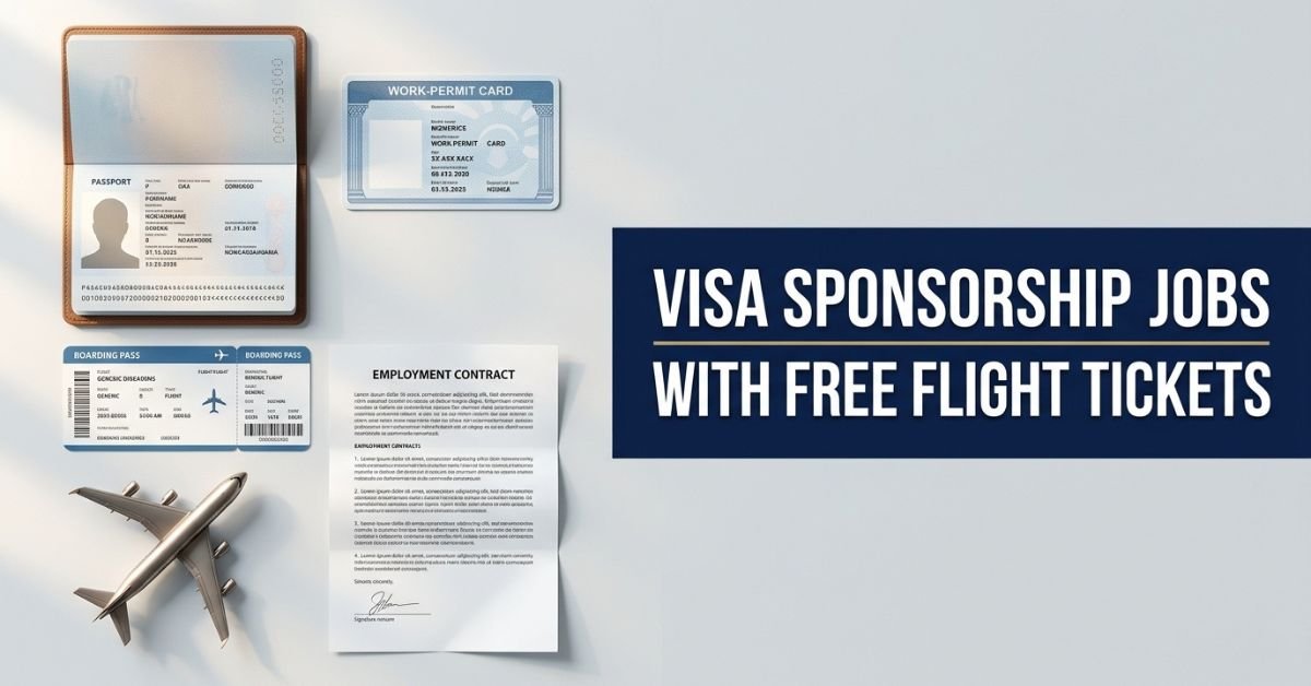 Passport, work permit and boarding pass representing visa sponsorship jobs that includes flight tickets