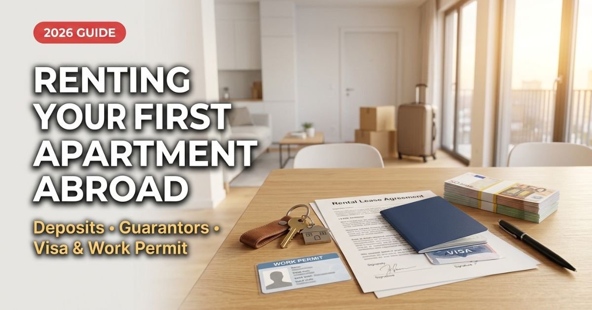 Visa, work permit, passport and apartment keys for renting a first apartment abroad