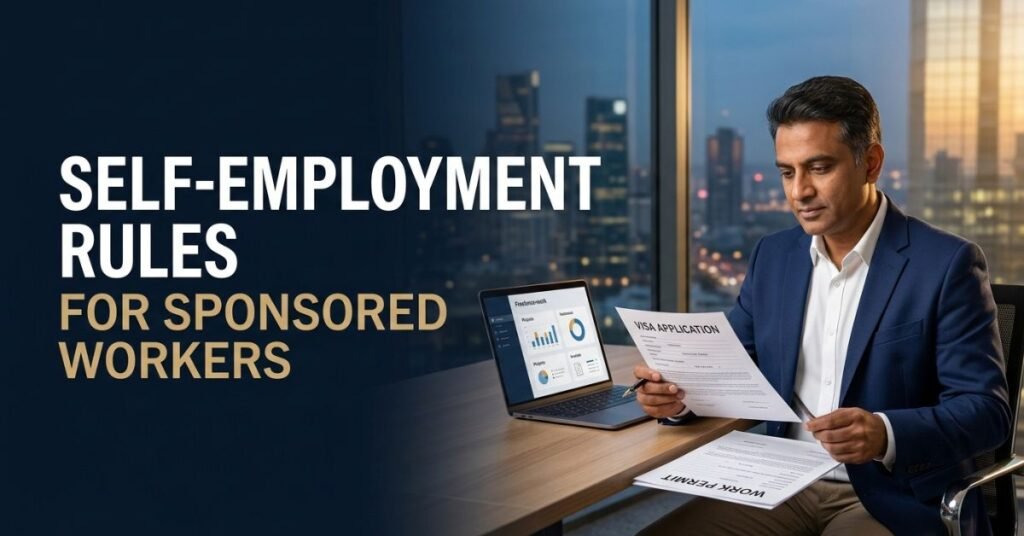Sponsored worker reviewing a visa and work permit before starting self-employment.