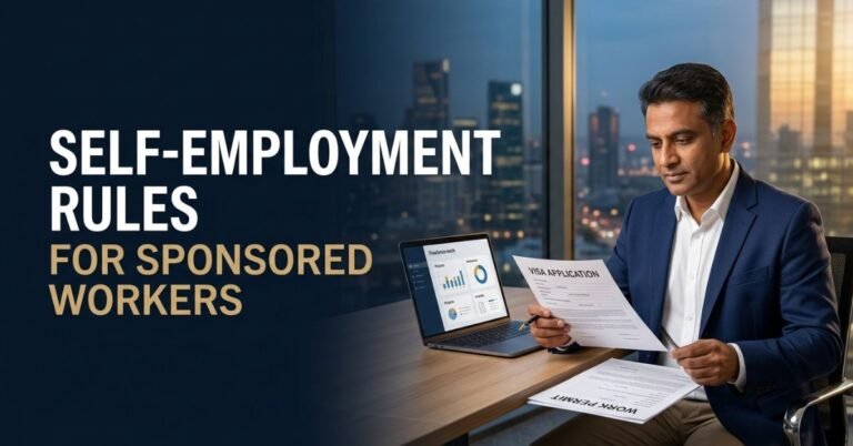 Self Employment Rules For Sponsored Workers 4 Sponsored worker reviewing a visa and work permit before starting self-employment.