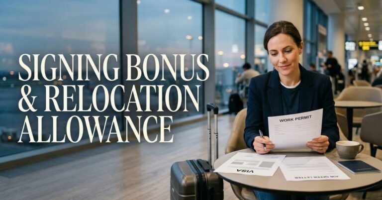 Professional with a passport, visa and work permit documents preparing to relocate for a sponsored job.